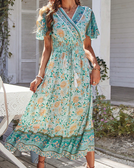 Sukienka maxi wzorzysta z przekładanym dekoltem