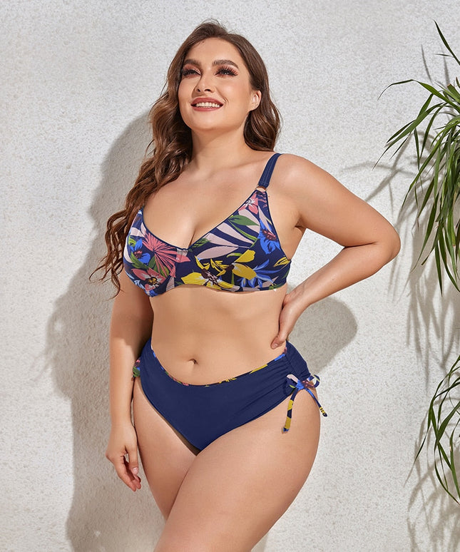 Dwuczęściowy strój kąpielowy plus size bikini we wzory z wiązaniem