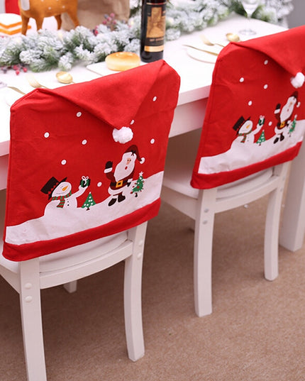 Świąteczny czerwony pokrowiec na krzesło z nadrukiem bałwana i Mikołaja