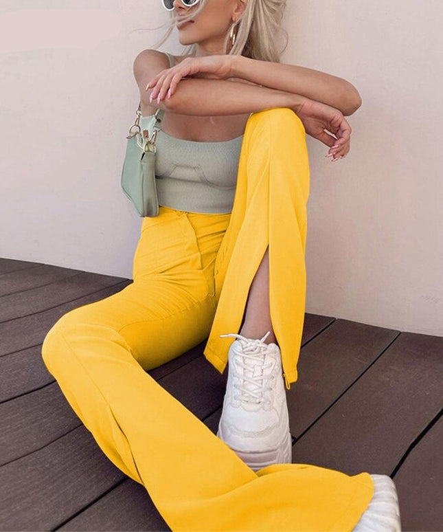 Damskie spodnie chinosy z rozciętymi nogawkami i wysokim stanem