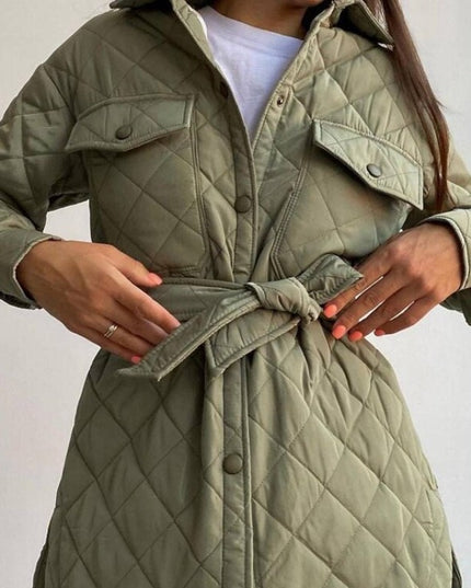 Damska kurtka zimowa pikowana wiązana w talii z kołnierzem