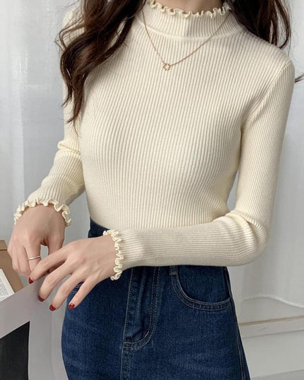 Damski sweter prążkowany z golfem zakończonym falbanką