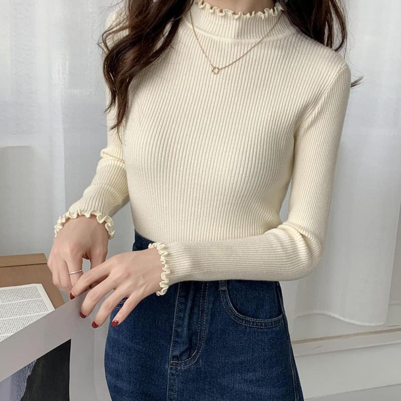 Damski sweter prążkowany z golfem zakończonym falbanką