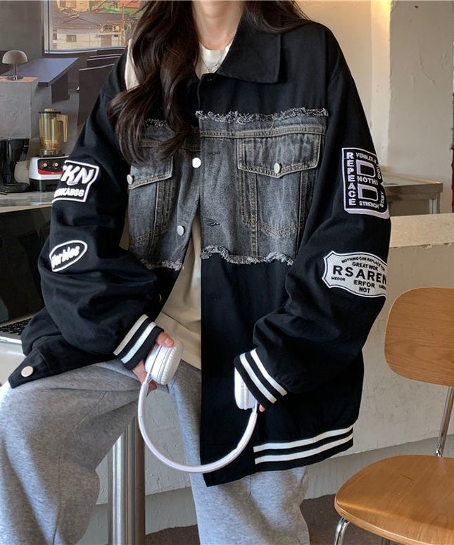 Damska kurtka jeansowa oversize z łączonych materiałów