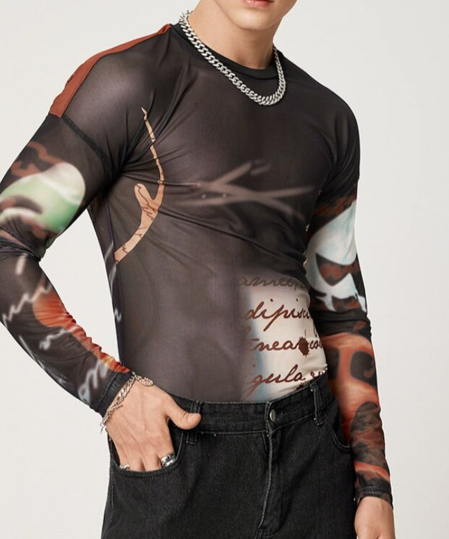 Męska koszulka z długim rękawem dopasowana we wzory