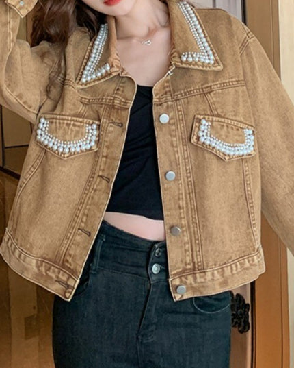 Damska kurtka jeansowa zdobiona imitacją pereł