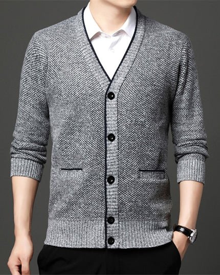 Męski sweter typu kardigan z melanżowej tkaniny zapinany na guziki