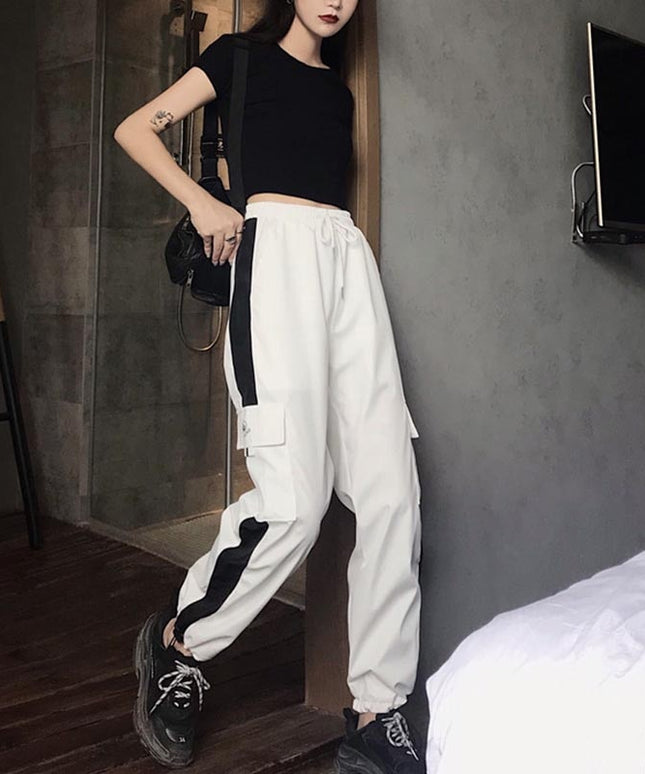 Damskie spodnie cargo z wysokim stanem i ozdobną lamówką