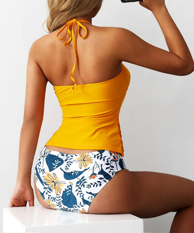 Damski dwuczęściowy strój kąpielowy tankini na ramiączkach w kwiatowe wzory