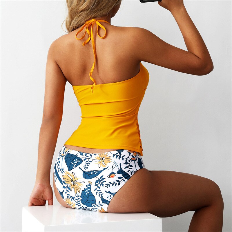 Damski dwuczęściowy strój kąpielowy tankini na ramiączkach w kwiatowe wzory