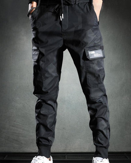 Męskie spodnie cargo we wzór moro ze ściągaczmi