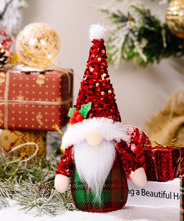 Świąteczny Bożonarodzeniowy skrzat krasnal w kratę z cekinową czapką