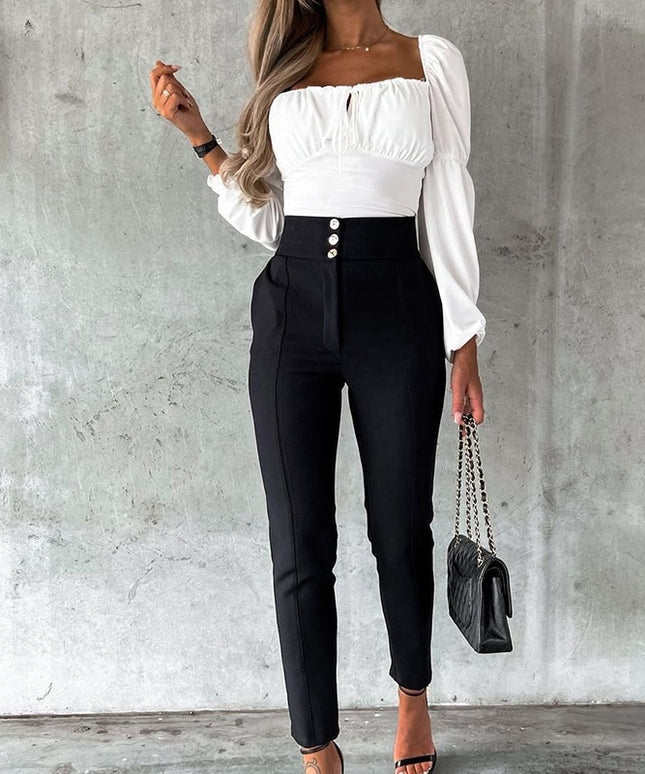 Damskie spodnie chinosy z wysokim stanem zapinane na guziki