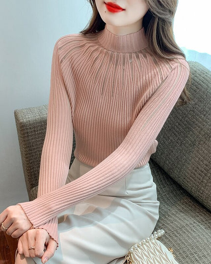 Damski sweter z golfem z przezroczystymi wstawkami