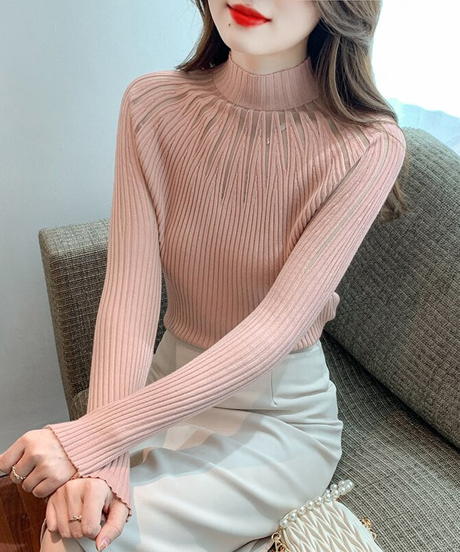 Damski sweter z golfem z przezroczystymi wstawkami