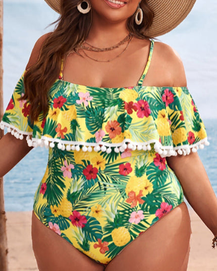 Damski jednoczęściowy strój kąpielowy plus size na ramiączkach z falbanką