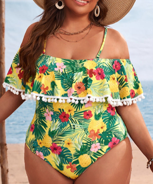 Damski jednoczęściowy strój kąpielowy plus size na ramiączkach z falbanką