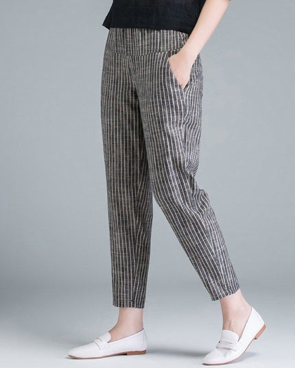 Damskie bawełniane spodnie chinosy w paski na gumce
