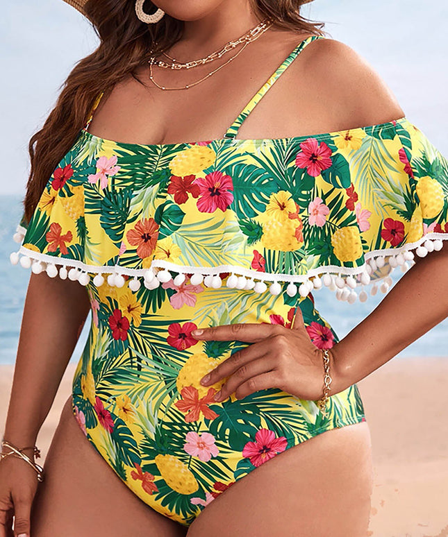 Damski jednoczęściowy strój kąpielowy plus size na ramiączkach z falbanką