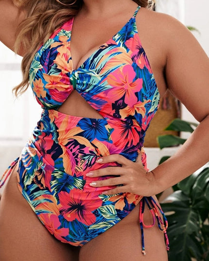 Damski jednoczęściowy strój kąpielowy plus size w kwiaty z wycięciem