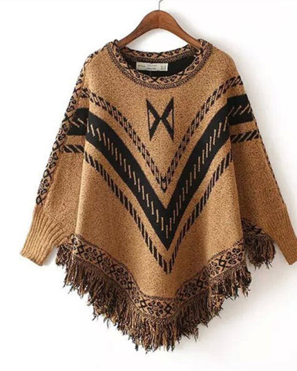 Damski sweter typu ponczo w azteckie wzory