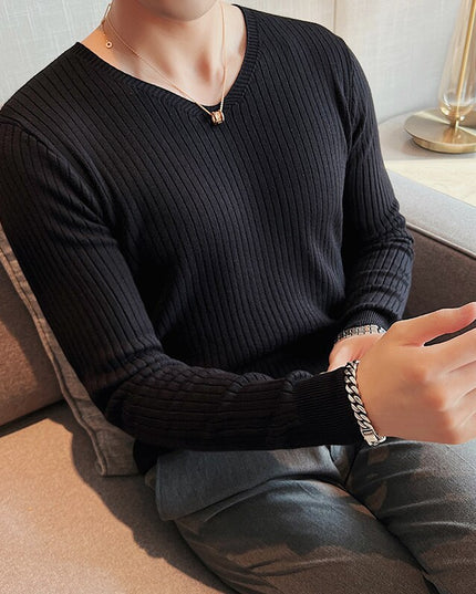 Męski sweter z dekoltem w łódkę z prążkowanej dzianiny