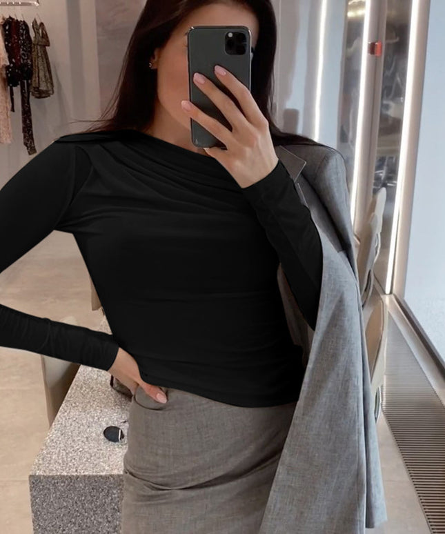 Damska koszulka z długim rękawem elegancka z marszczeniami