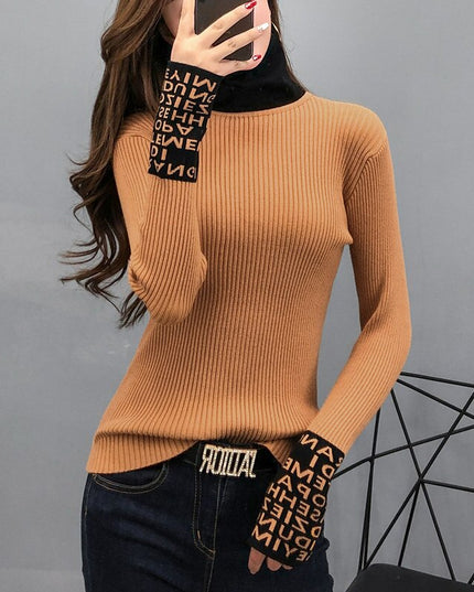 Damski sweter prążkowany z golfem i napisami