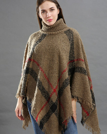 Damski sweter dziergany typu ponczo w kratę