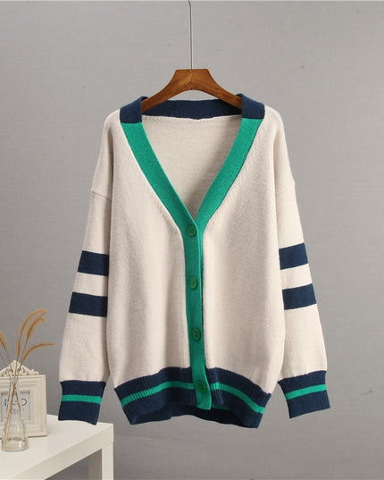 Damski sweter typu kardigan z kolorowymi paskami