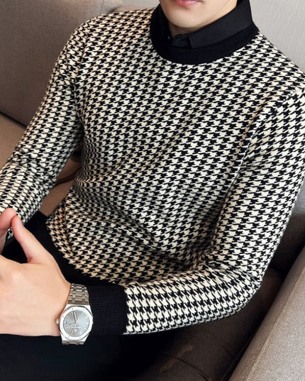 Męski sweter typu golf w pepitkę