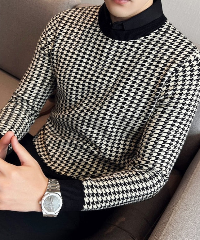 Męski sweter typu golf w pepitkę