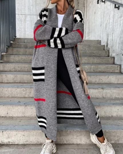 Damski sweter typu kardigan długości do kostek w kratkę