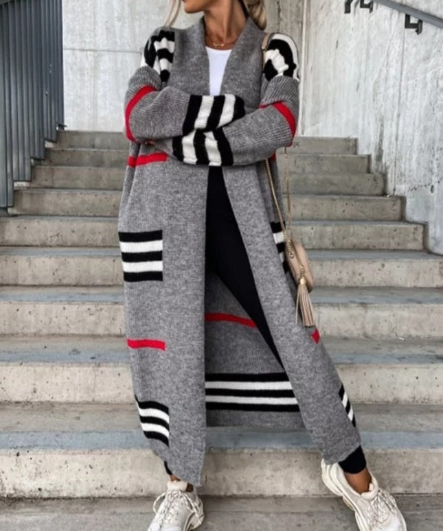 Damski sweter typu kardigan długości do kostek w kratkę