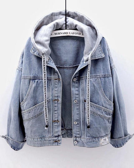 Damska kurtka jeansowa oversize z kontrastowym kapturem