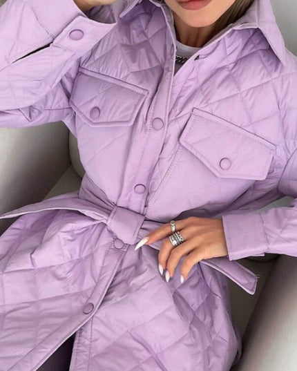 Damska kurtka zimowa pikowana wiązana w talii z kołnierzem