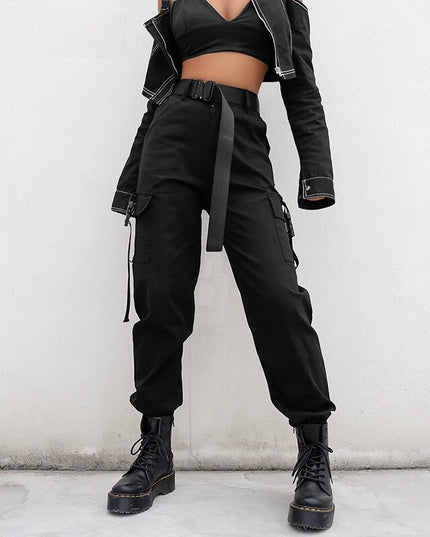 Damskie spodnie cargo z wysokim stanem i klamrami