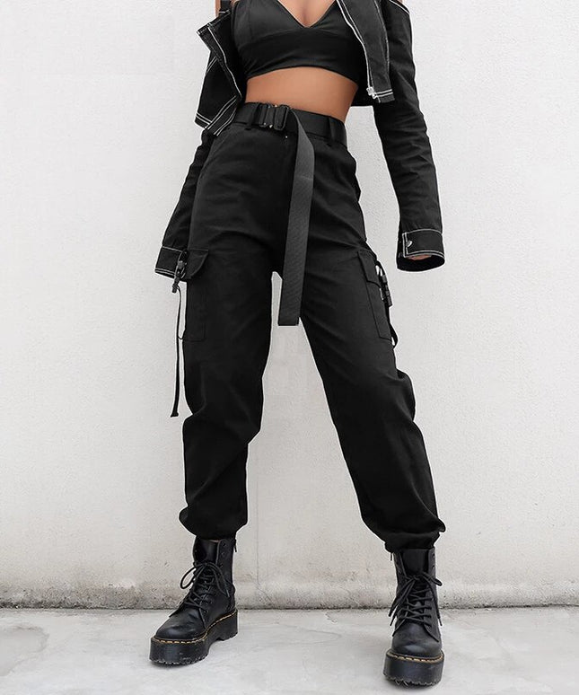 Damskie spodnie cargo z wysokim stanem i klamrami