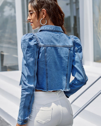 Damska kurtka jeansowa krótka z bufkami na ramionach