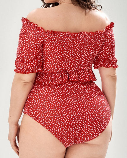 Damski dwuczęściowy strój kąpielowy bikini plus size w kwiatuszki z falbanką