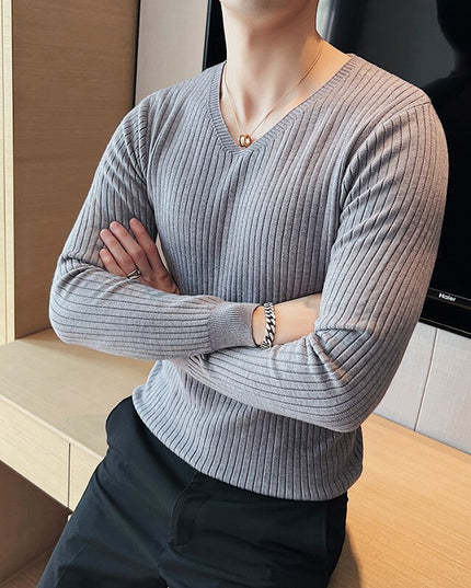 Męski sweter z dekoltem w łódkę z prążkowanej dzianiny