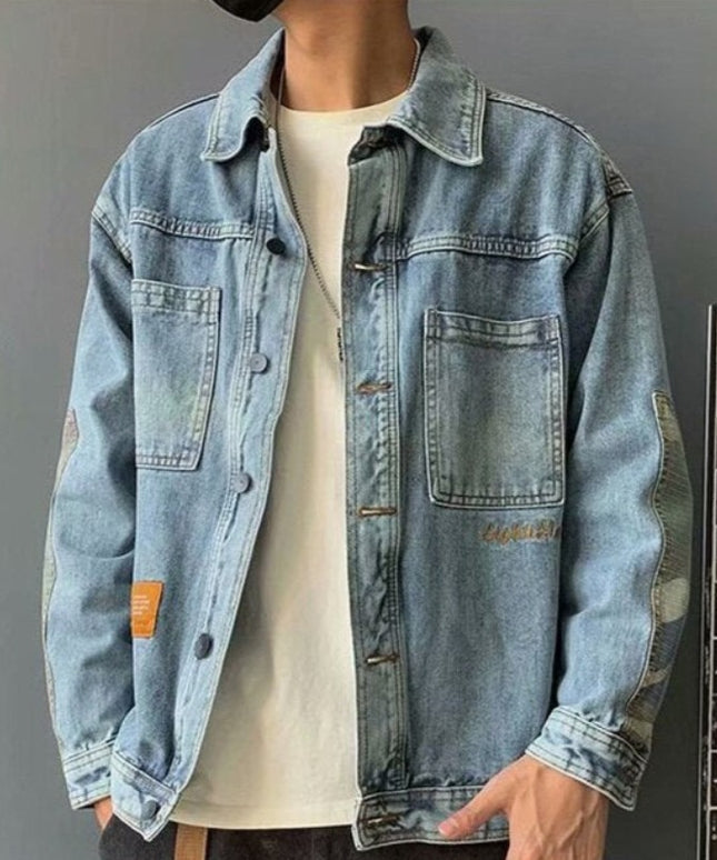 Męska kurtka jeansowa oversize ze wstawkami moro