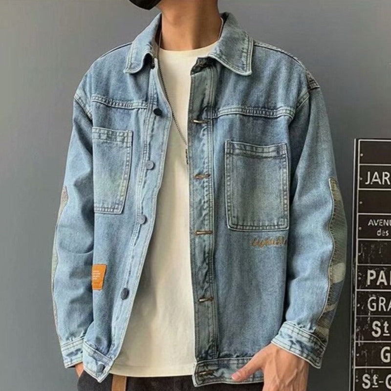 Męska kurtka jeansowa oversize ze wstawkami moro