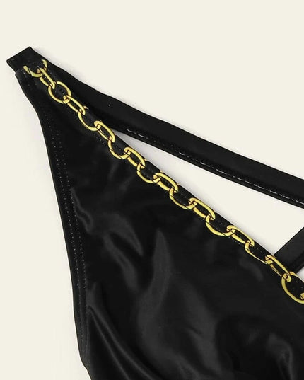 Damski jednoczęściowy strój kąpielowy monokini z odkrytymi plecami i motywem łańcuszka