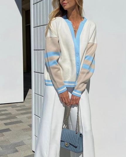 Damski sweter typu kardigan z kolorowymi paskami