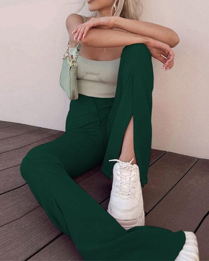 Damskie spodnie chinosy z rozciętymi nogawkami i wysokim stanem