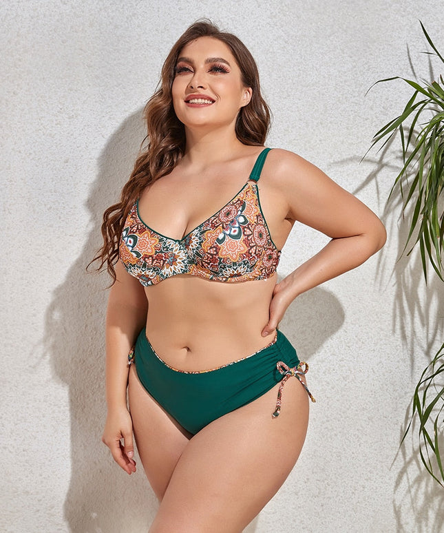 Dwuczęściowy strój kąpielowy plus size bikini we wzory z wiązaniem