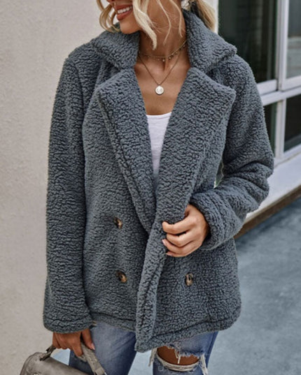 Damski płaszcz dwurzędowy z futrzanej tkaniny