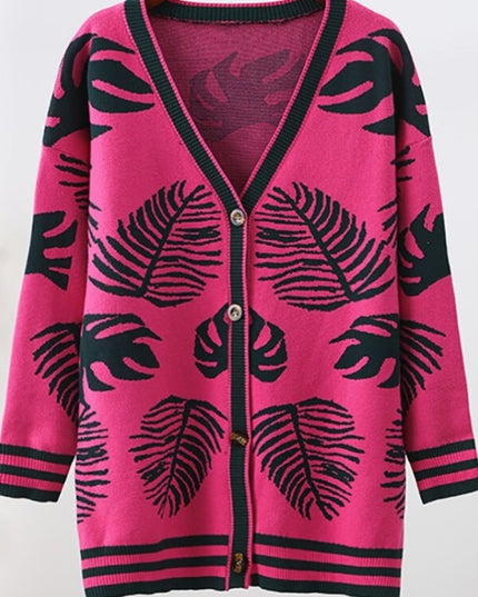 Damski sweter typu kardigan we wzór liści