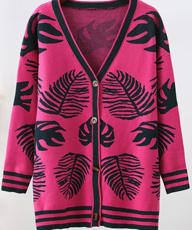Damski sweter typu kardigan we wzór liści